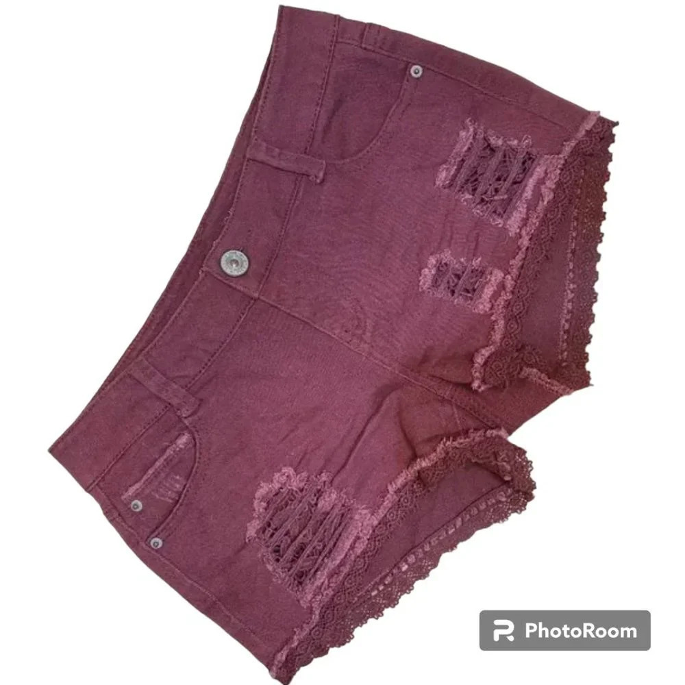 TILLYS Vanilla Star Maroon Distressed Lace Denim Jeans Jean Shorts - size 3